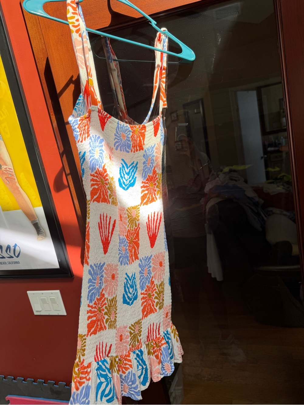 Stitch and Feather Multicolor Floral Check Smocked Sundress - White/Blue/Orange